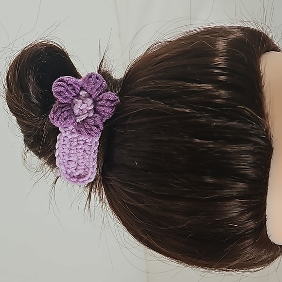 Hand Crafted Hand Knit Crochet Hair Clip Handmade Snap Clip Purple Floral Design - Picture 14 of 17